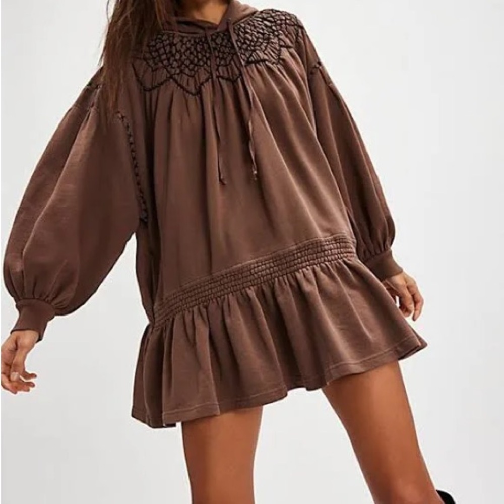 NWT Free People Marty Smocked Sweatshirt Hooded Tunic Mini Dress Brown Size XL
